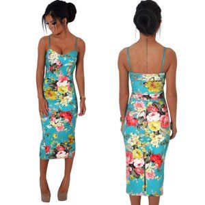 Violet Luxana Floral Print Bodycon Midi Dress